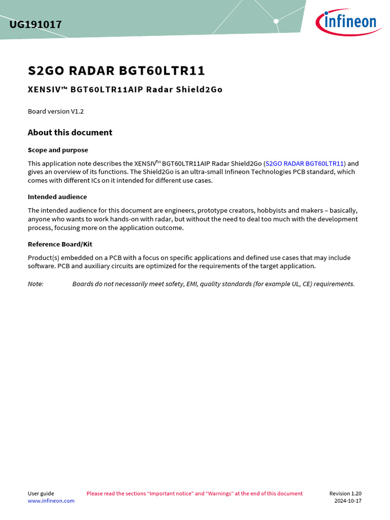Infineon Ug191017 S2go Radar Bgt60ltr11 Usermanual v01 20 en | PDF ...