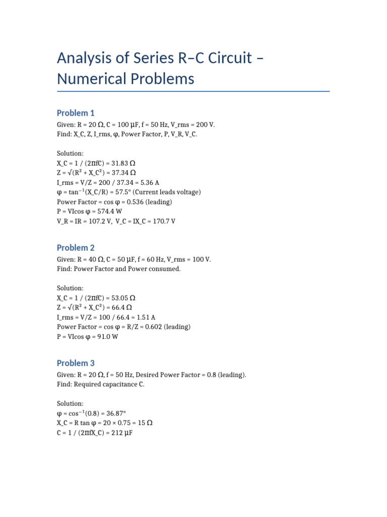 Series RC Circuit Numericals | PDF