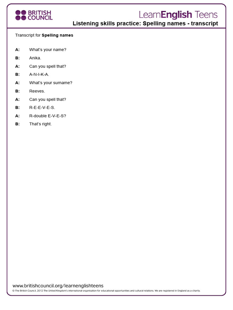 Spelling Names - Transcript 1-1 | PDF