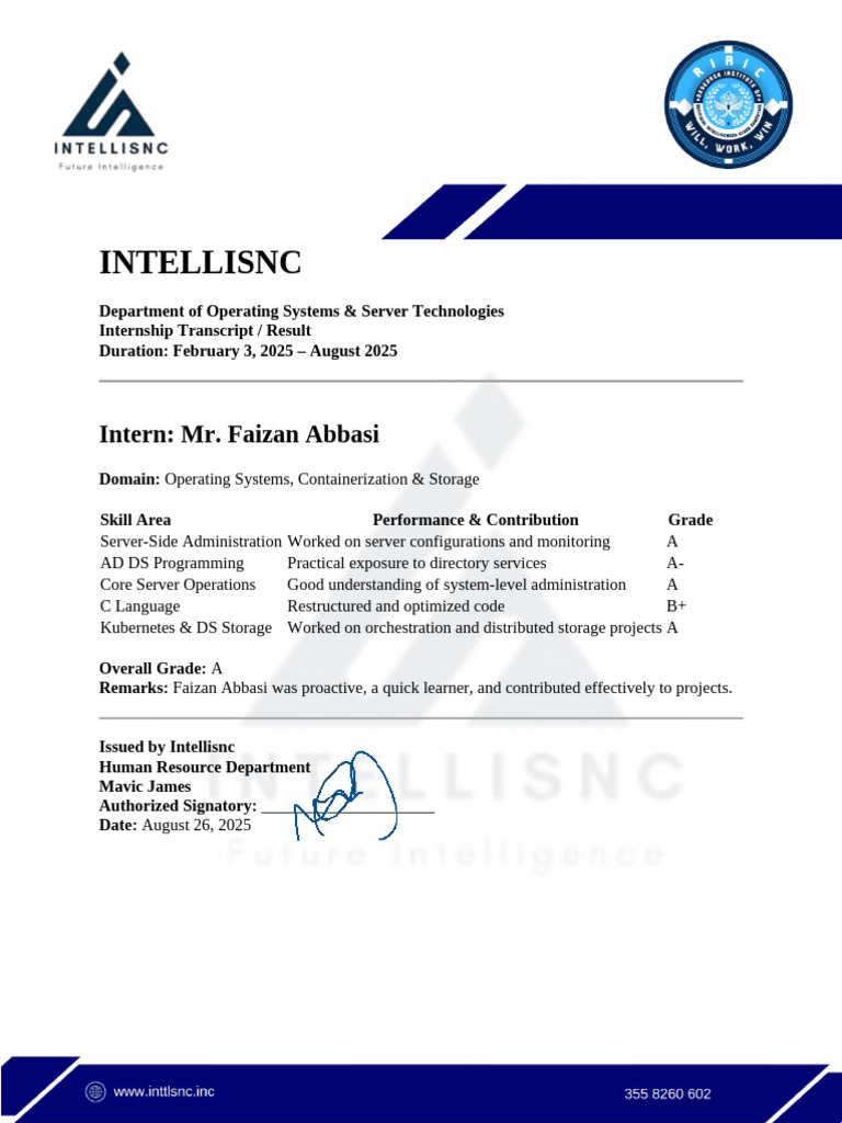 Internship Transcript: Faizan Abbasi | PDF