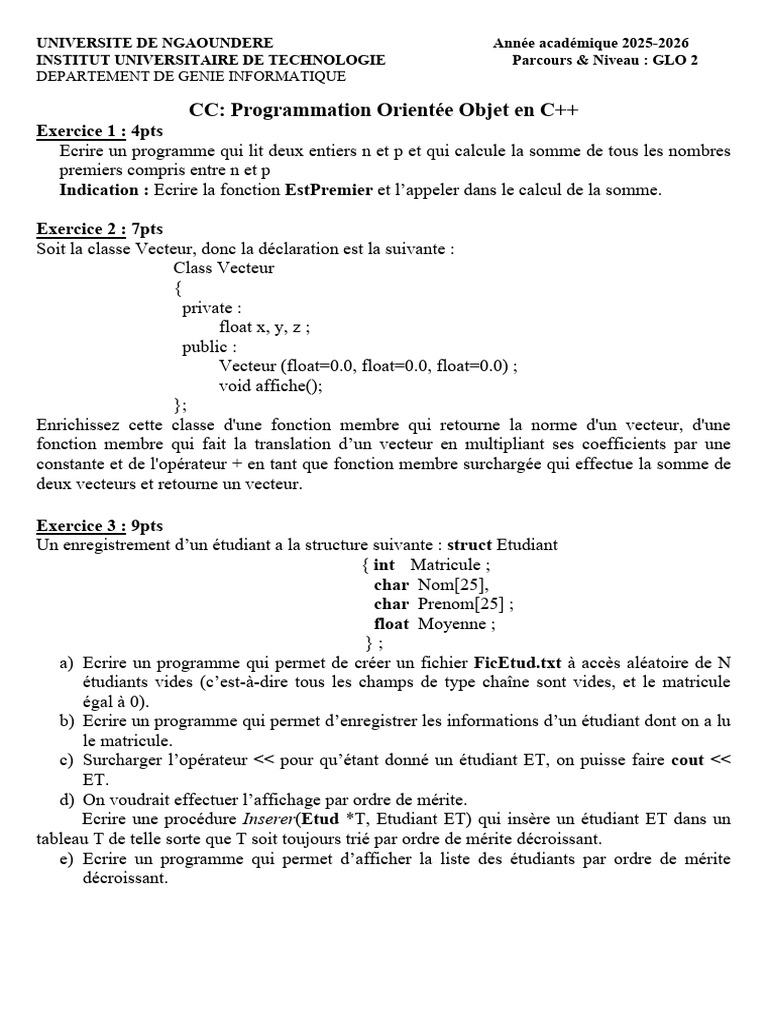 Exercices de Programmation C++ 2025-2026 | PDF
