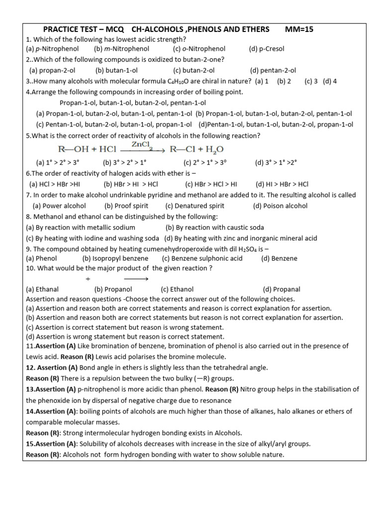 MCQ Practice Test: Alcohols, Phenols, Ethers | PDF | Alkane | Ether
