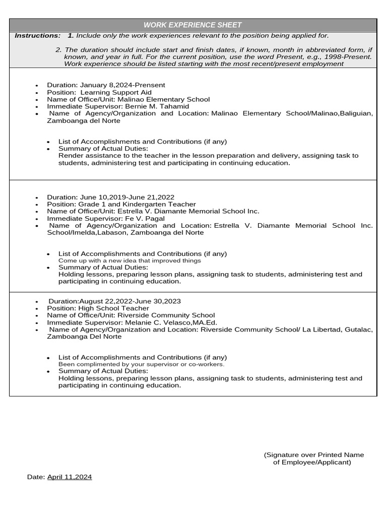 Fely's Work Experience Sheet | PDF | Intelligence | Learning