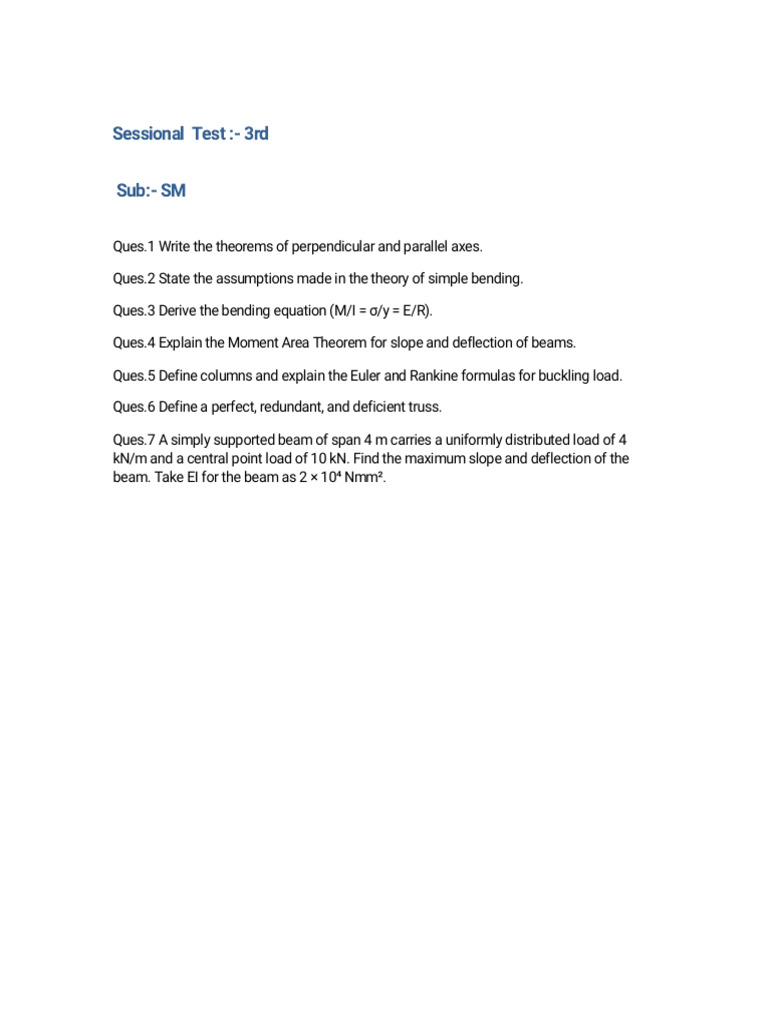 Structural Mechanics Sessional Test 3 | PDF