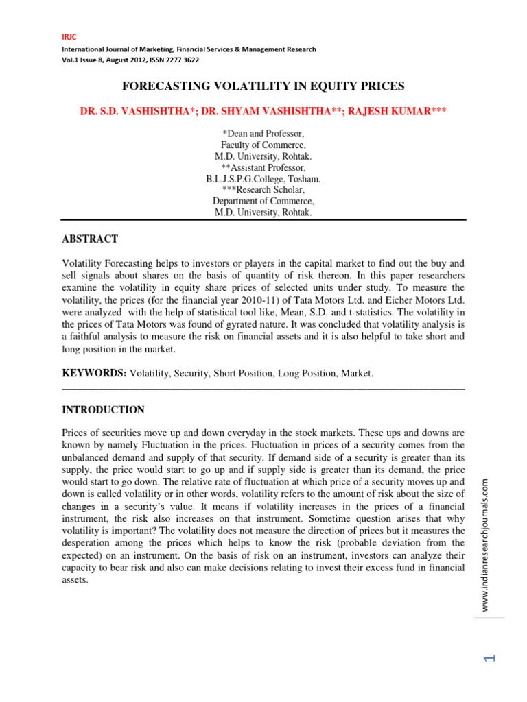 Forecasting Equity Price Volatility | PDF | Financial Risk | Volatility ...