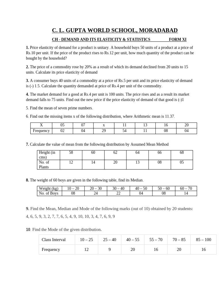 Worksheet on Numericals XI-1 | PDF | Demand | Price Elasticity Of Demand