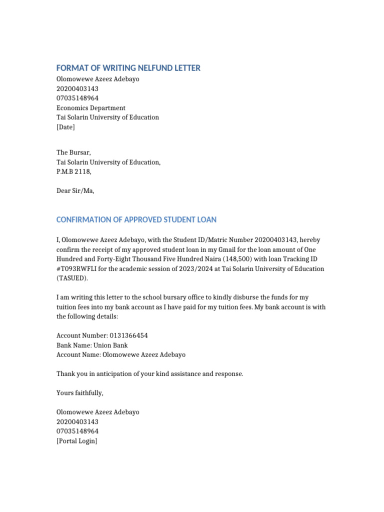 NELFUND Letter Olomowewe Azeez Adebayo | PDF