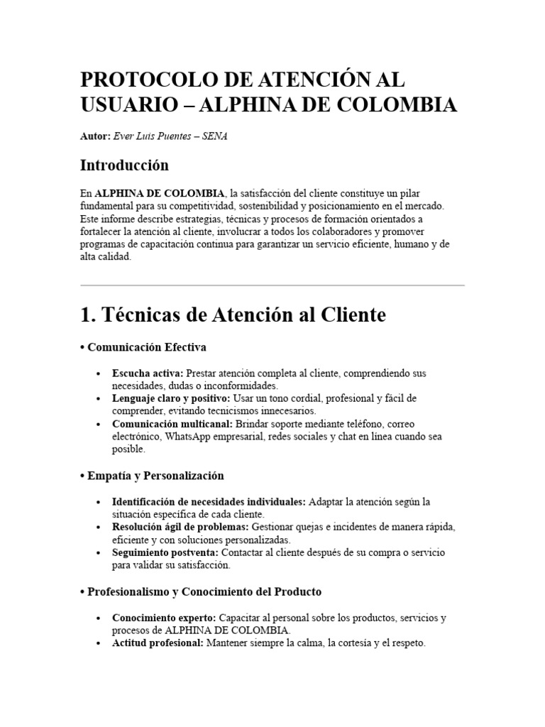 Protocolo de Atención al Usuario ALPHINA | PDF | Servicio al Cliente ...