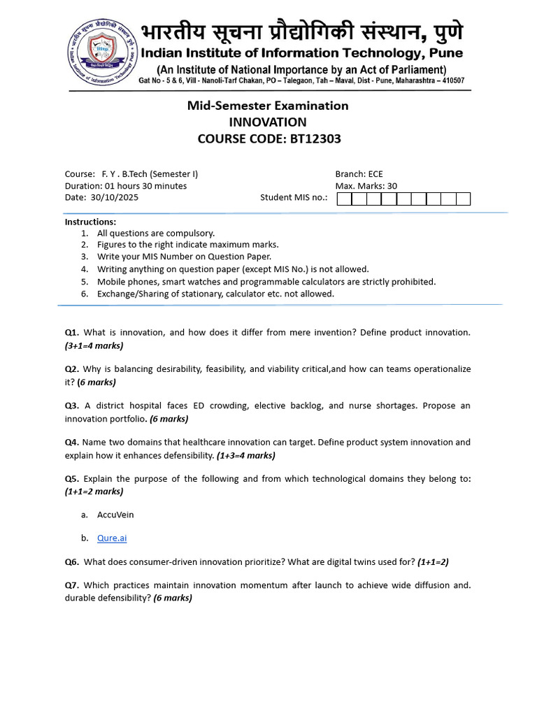 Innovation Mid Sem Question Paper Pdf