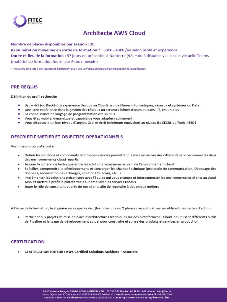 Formation Architecte AWS Cloud à Nanterre | PDF | Amazon Web Services ...