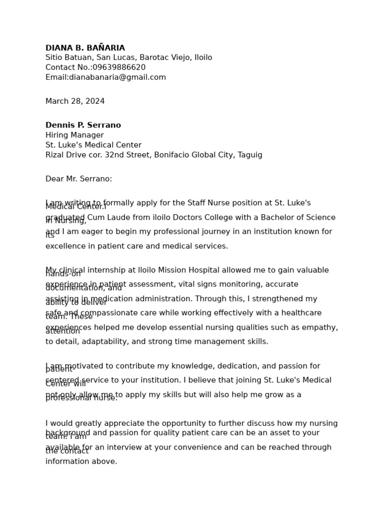Staff Nurse Application - Diana B. Bañaria | PDF