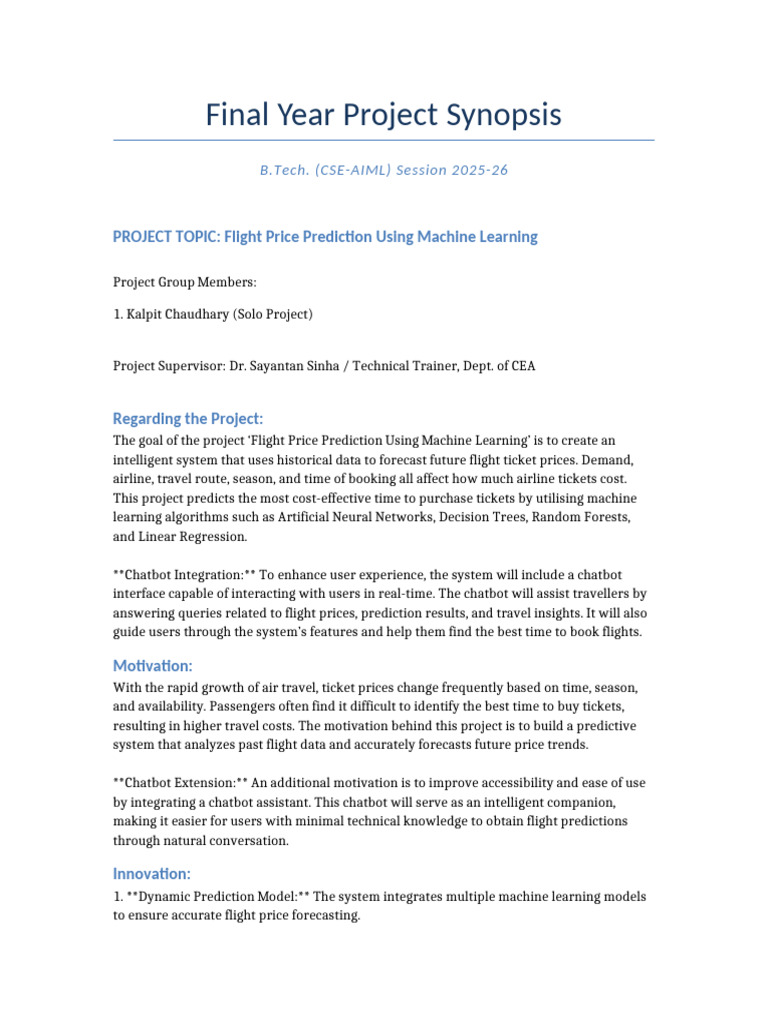 Flight Price Prediction Synopsis With Chatbot | PDF | Machine Learning ...