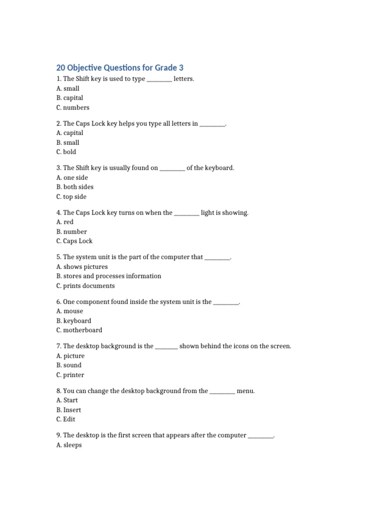 Grade3 Objective Questions | PDF