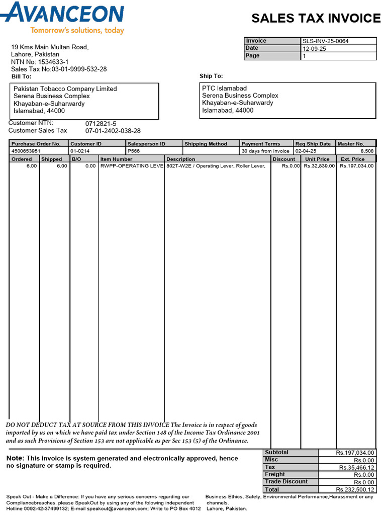 Pakistan Tobacco Company Invoice Details | PDF | Invoice | Taxes