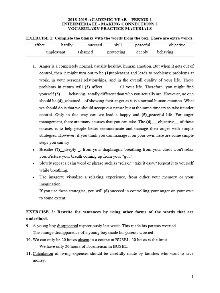 Week 1 - Vocabulary Exercise 1 | PDF | Anger | Behavioural Sciences