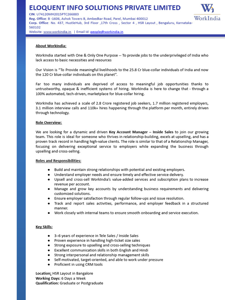 JD - Key Account Manager - Inside Sales | PDF | Employment | Business