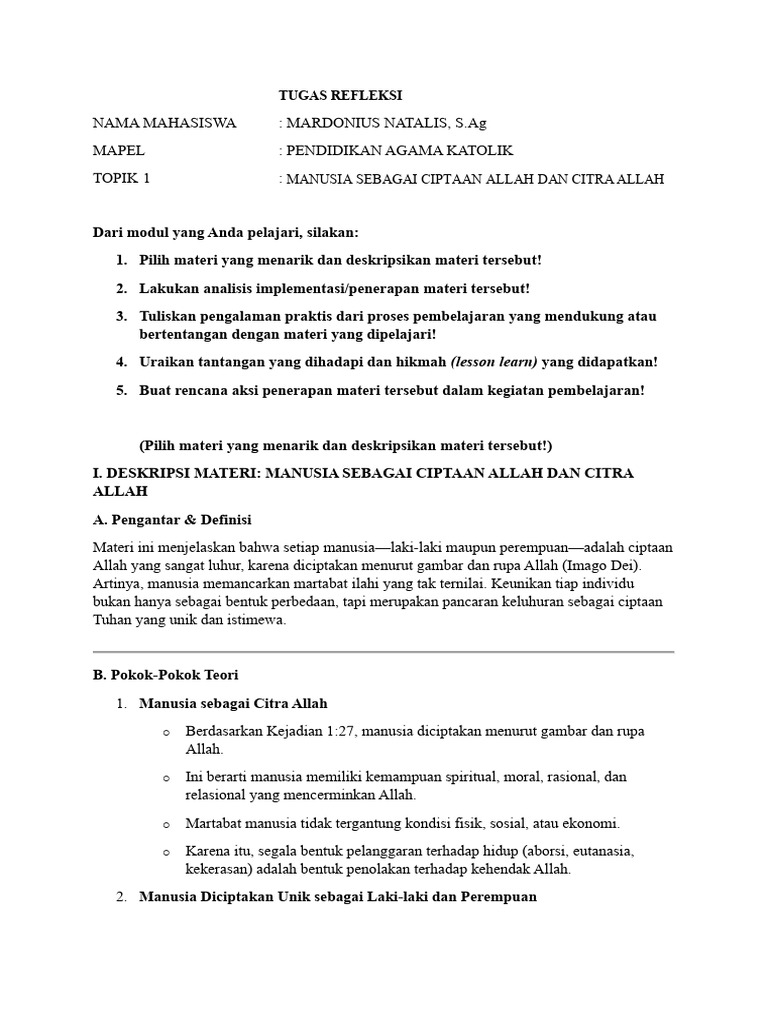 TUGAS REFLEKSI-MATERI TOPIK 1-MARDONIUS NATALIS, S.Ag | PDF