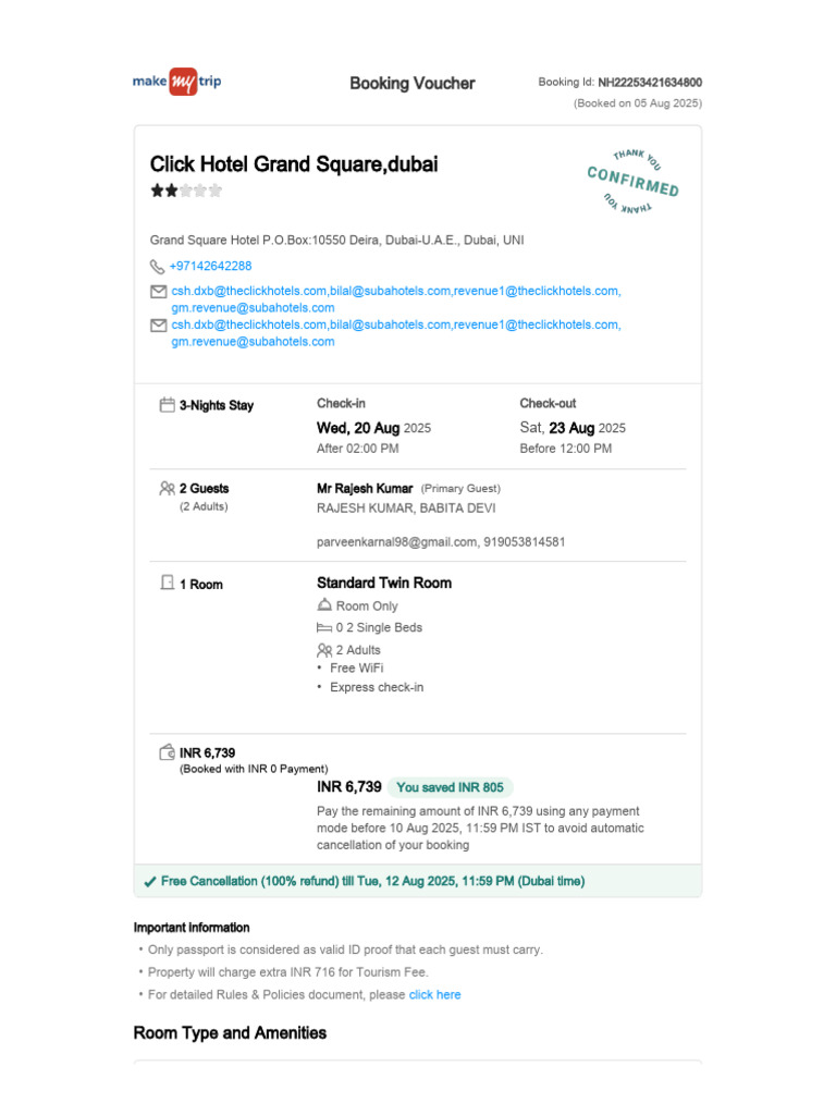 Hotel Grand Square Booking Details | PDF