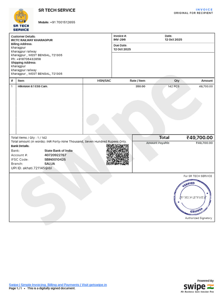 Inv 296 For Irctc Railway Kharagpur | PDF