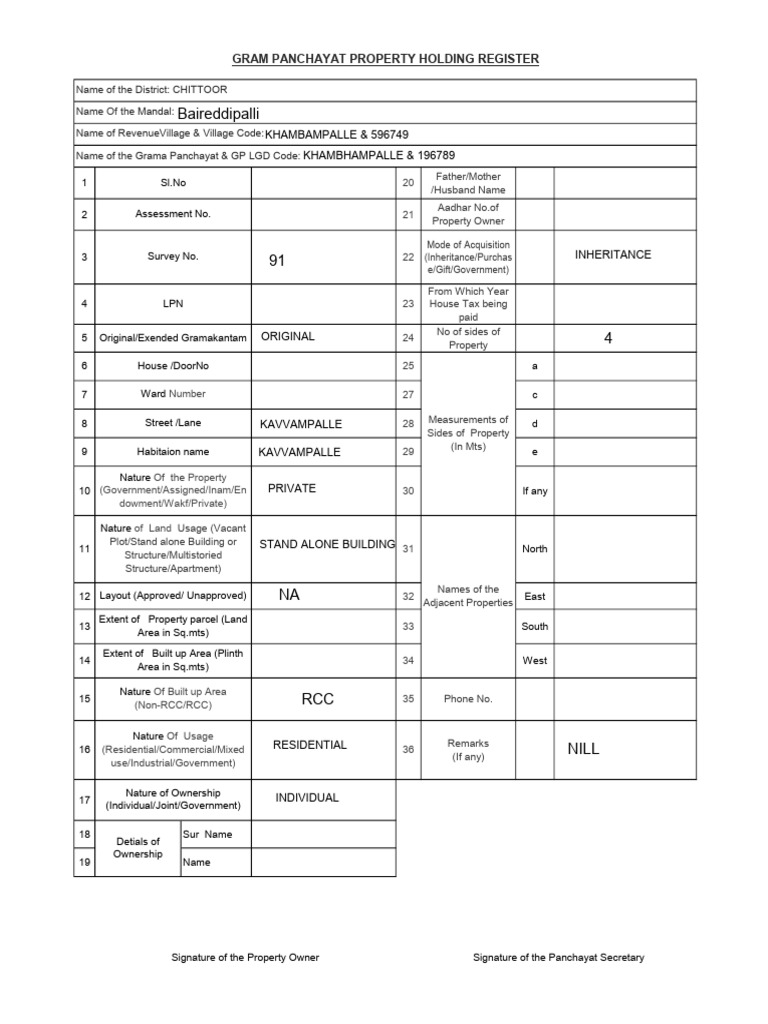 Grama Panchayat Property Register Form | PDF | Property Law | Civil Law ...