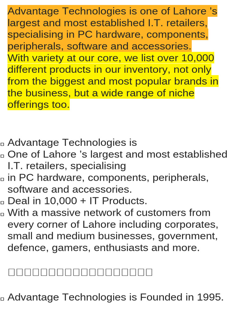 Lahore's Premier IT Retailer: Advantage Technologies | PDF | Online ...