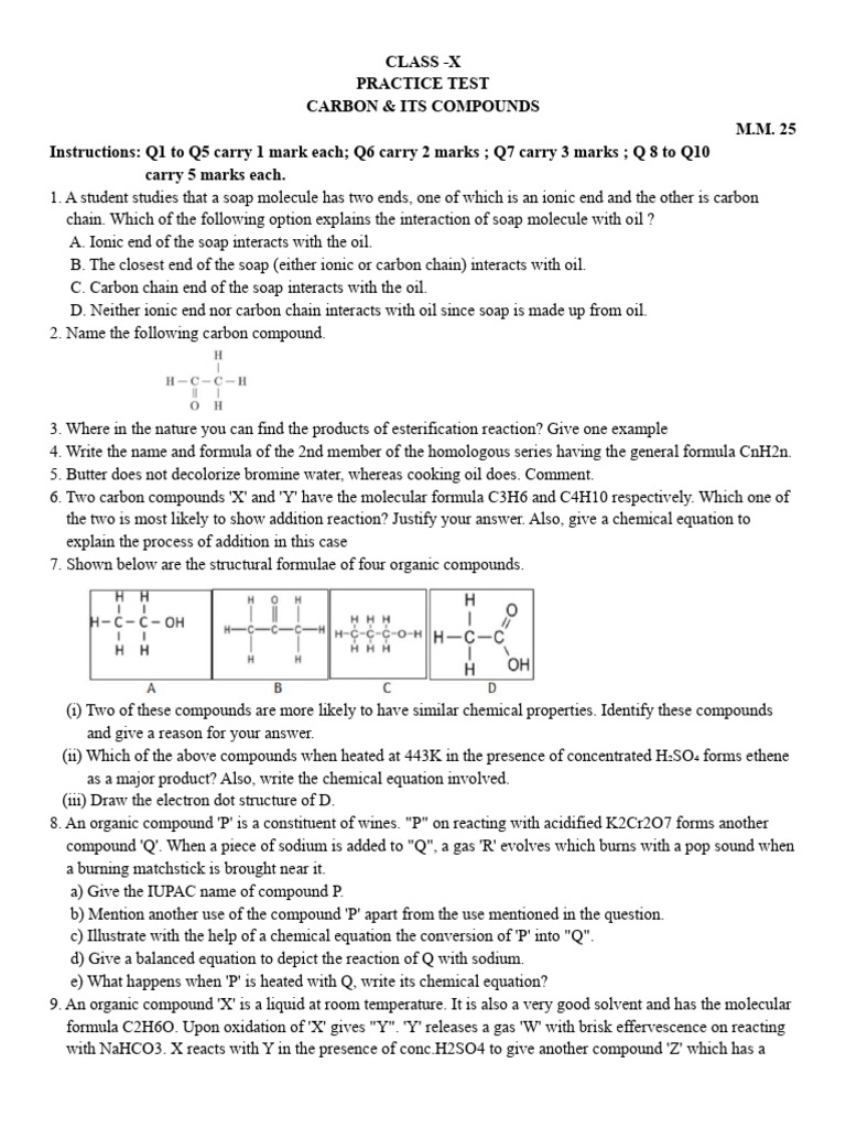 Class X Practice Test: Carbon Compounds | PDF | Chemical Compounds ...