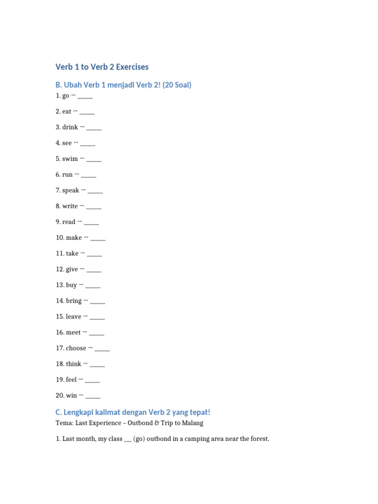 Verb 1 to Verb 2 Exercise Guide | PDF