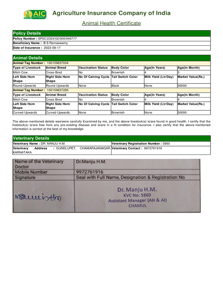 Animal Health Certificate for Insurance | PDF