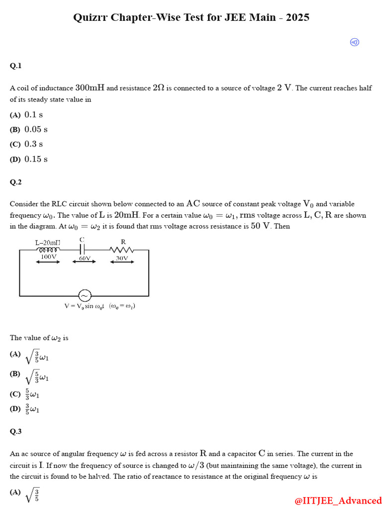 JEE Main 2025 Chapter-Wise Quiz | PDF | Capacitor | Inductor