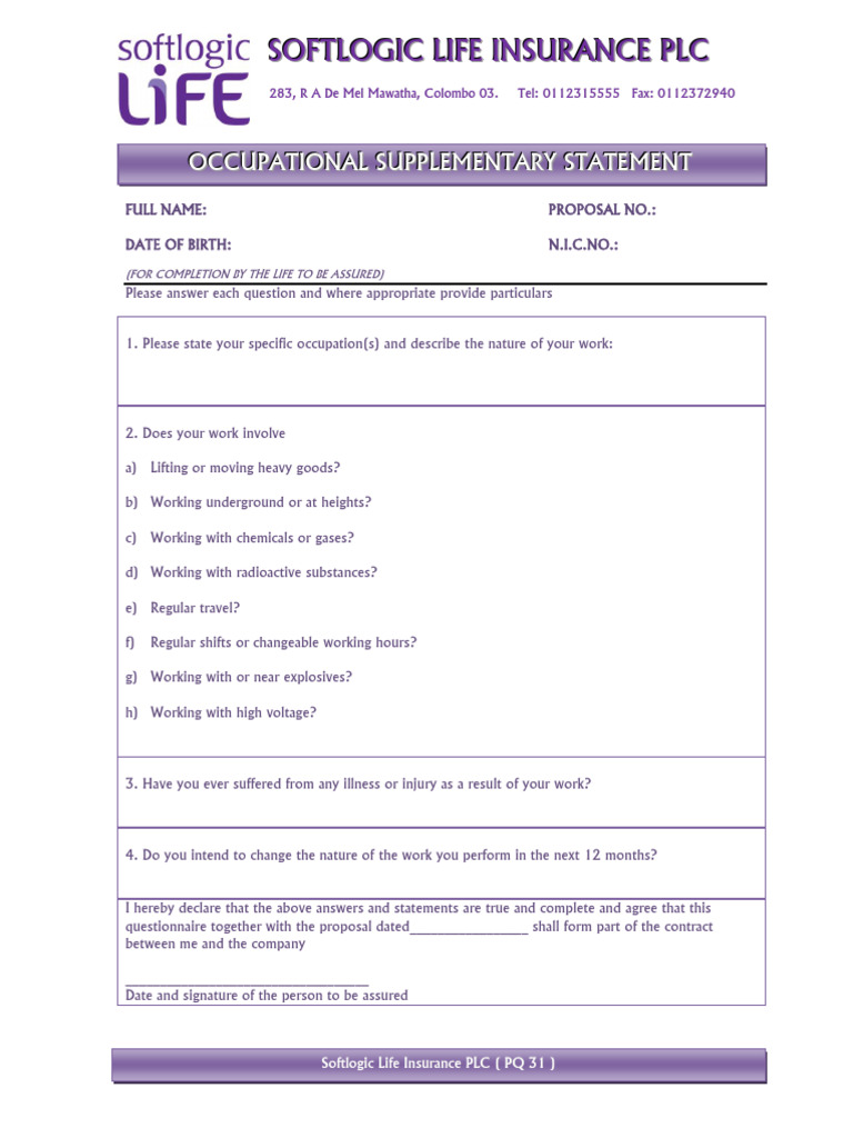 Occupational Life Insurance Questionnaire | PDF