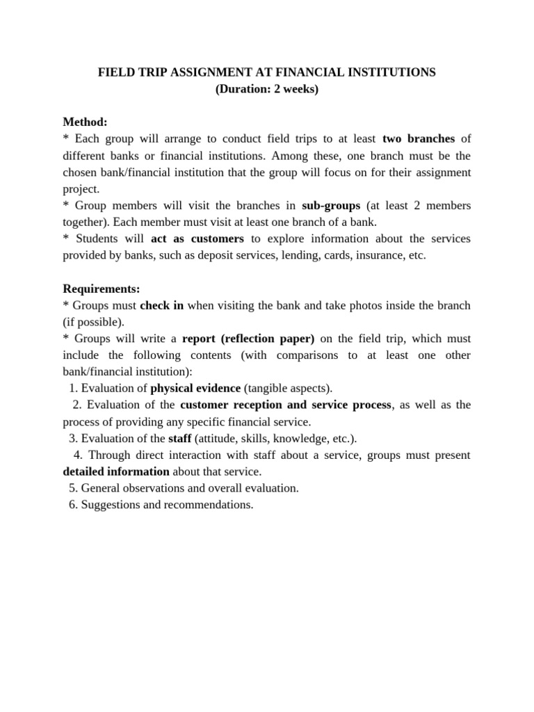 Field Trip Assignment at Financial Institutions | PDF