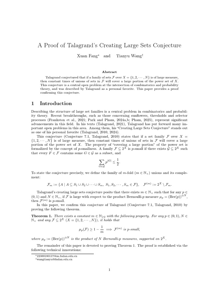 Proof of Talagrand's Large Sets Conjecture | PDF | Inequality ...