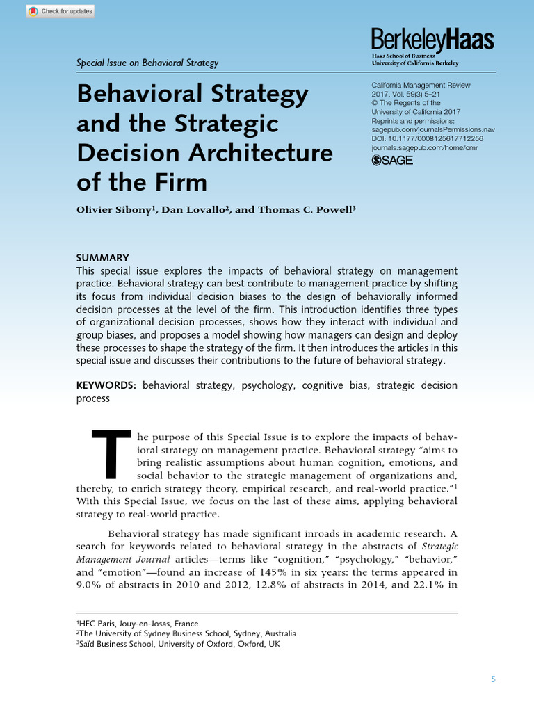 Sibony Et Al 2017 Behavioral Strategy And The Strategic Decision