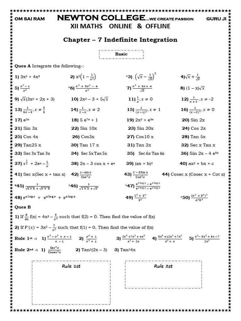 Indefinite Integration Exercises for XII Maths | PDF
