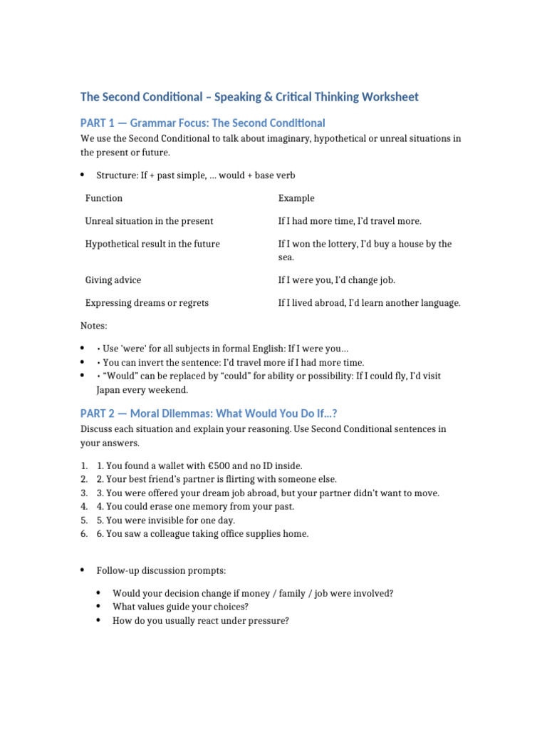 Second Conditional Worksheet for Speaking | PDF | Psychological Concepts