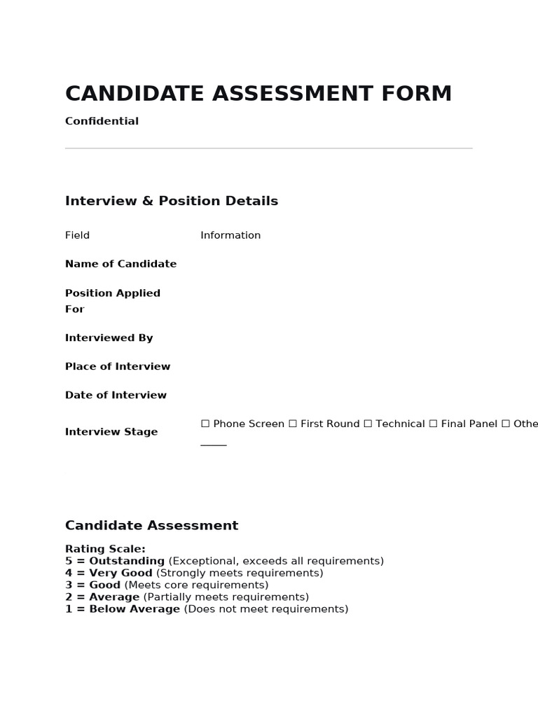 Candidate Assessment and Evaluation Form | PDF | Skill | Salary