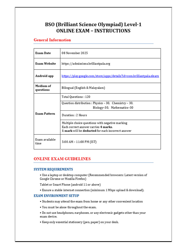 BSO Level-1 Online Exam Instructions | PDF | Button (Computing ...