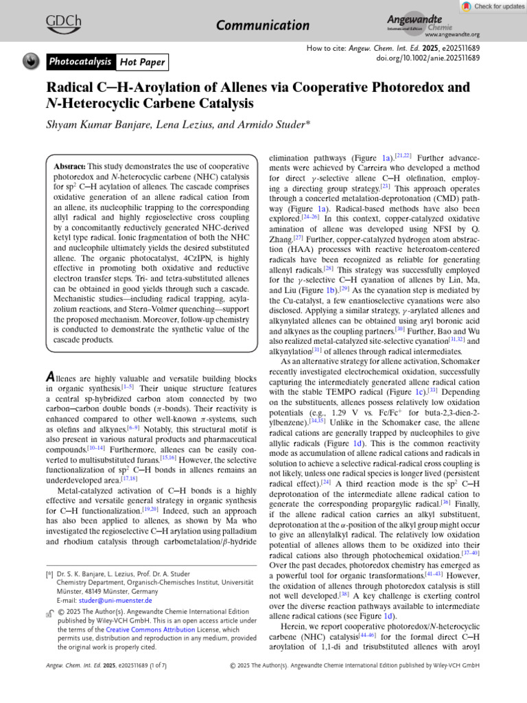 Angew Chem Int Ed - 2025 - Banjare - Radical C H Aroylation of Allenes ...