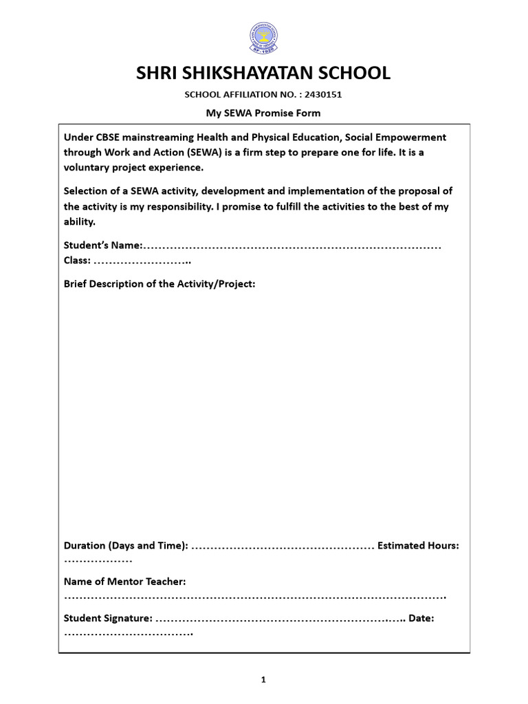 SEWA Project Commitment and Log Form | PDF | Behavior Modification ...