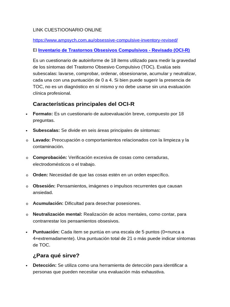 El Inventario de Trastornos Obsesivos Compulsivos - Revisado (OCI-R ...