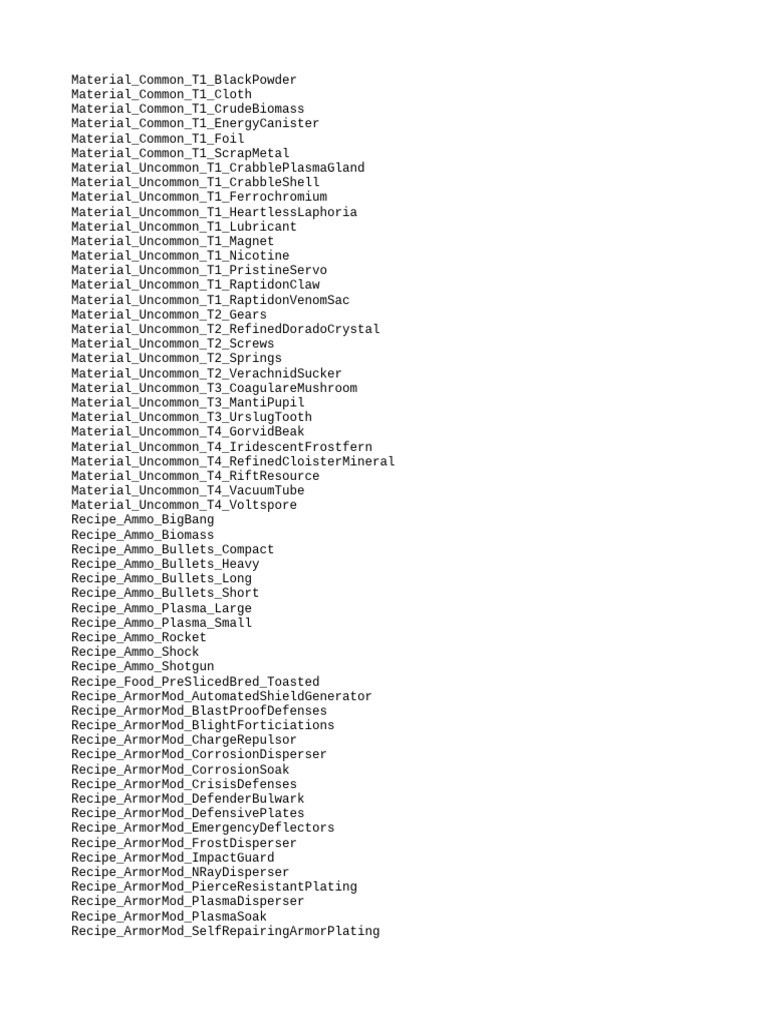 Comprehensive Material and Recipe List | PDF