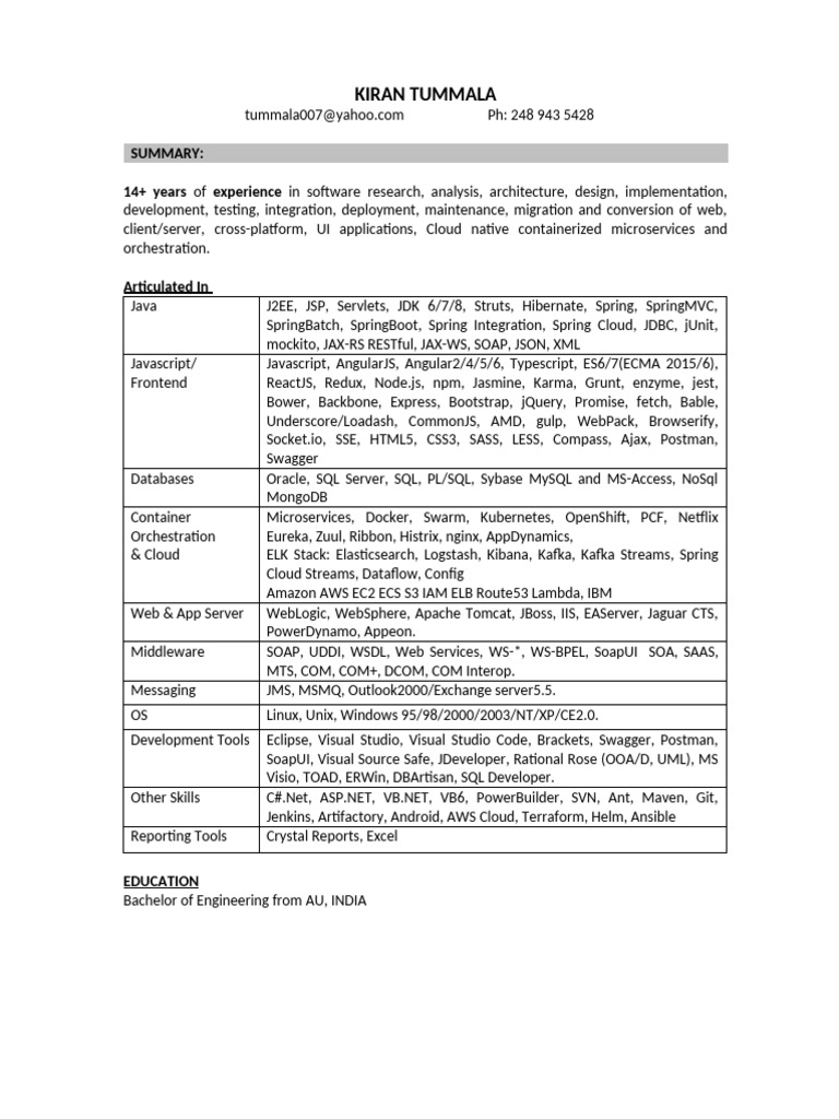 KiranTummala Java Resume | PDF | Cost Of Living | Spring Framework
