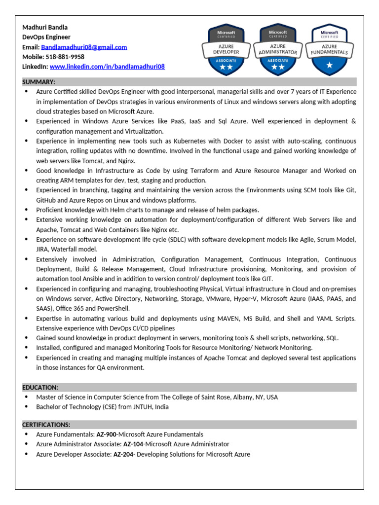 Azure Certified DevOps Engineer Resume | PDF | Microsoft Azure | Cloud ...