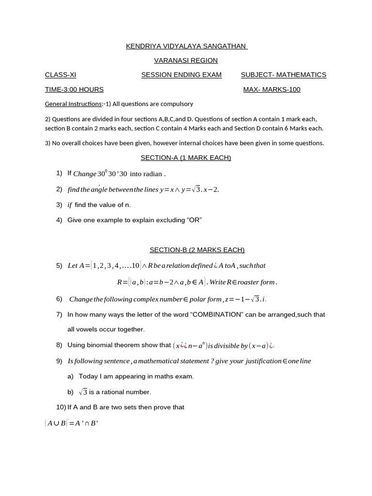 Class XI Mathematics Exam Paper | PDF | Function (Mathematics ...