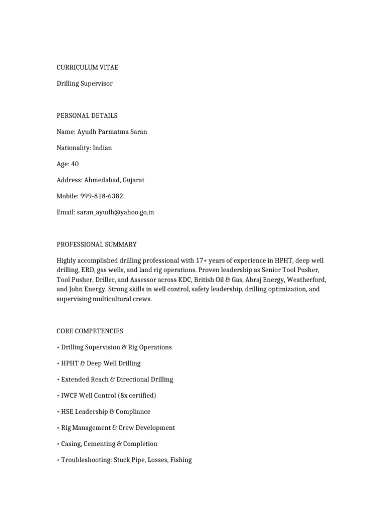 Drilling Supervisor CV - Ayudh Saran | PDF | Oil Well