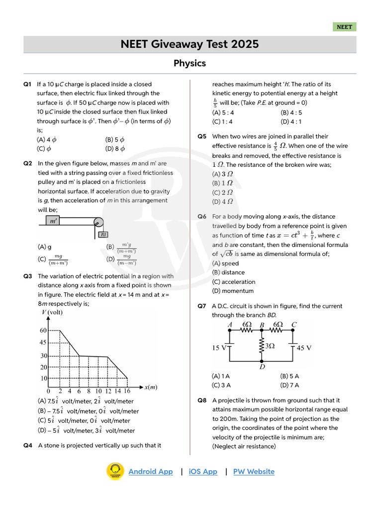 NEET 2025 Physics Practice Questions | PDF | Electronvolt | Force