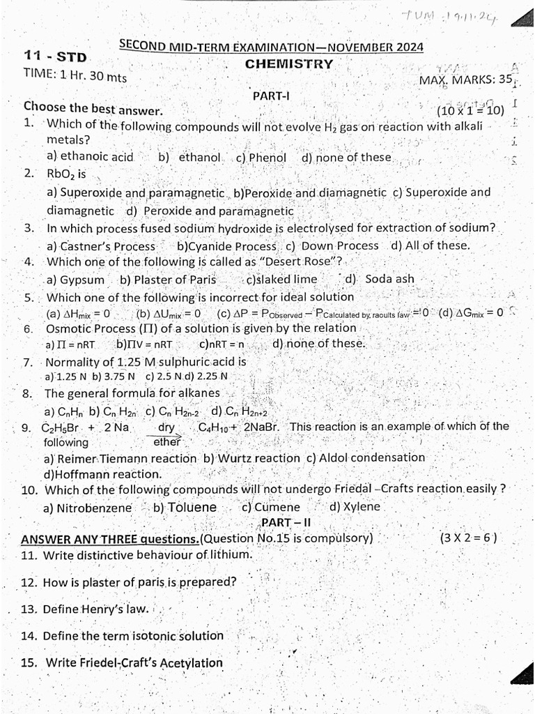 11th Chemistry 2nd Mid Term Exam 2024 Original Question Paper ...