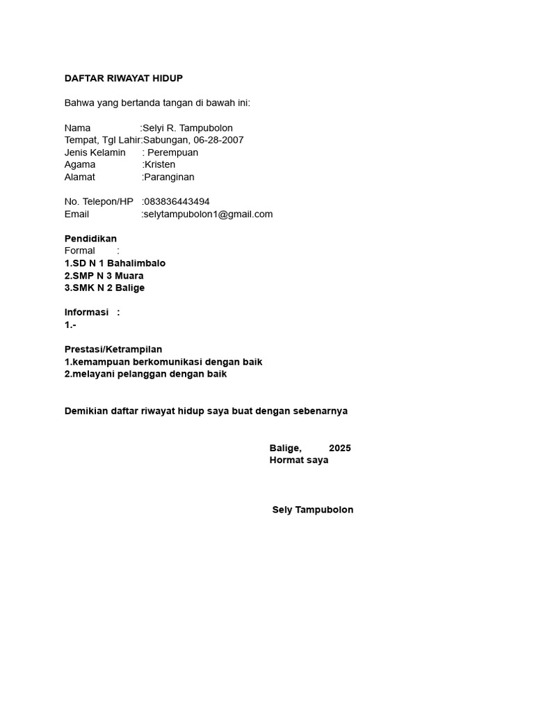 Daftar Riwayat Hidup Selyi R. Tampubolon | PDF