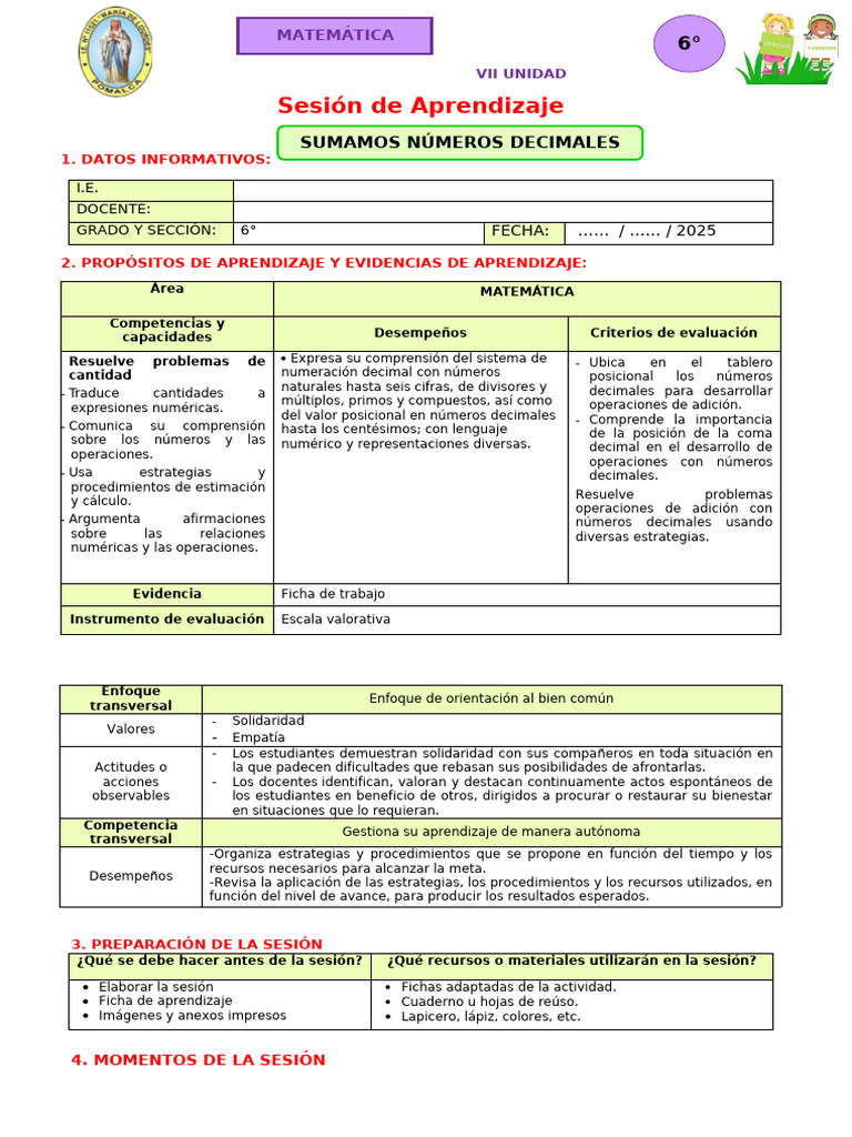 Suma de Números Decimales en 6° Grado | PDF | Aprendizaje | Decimal