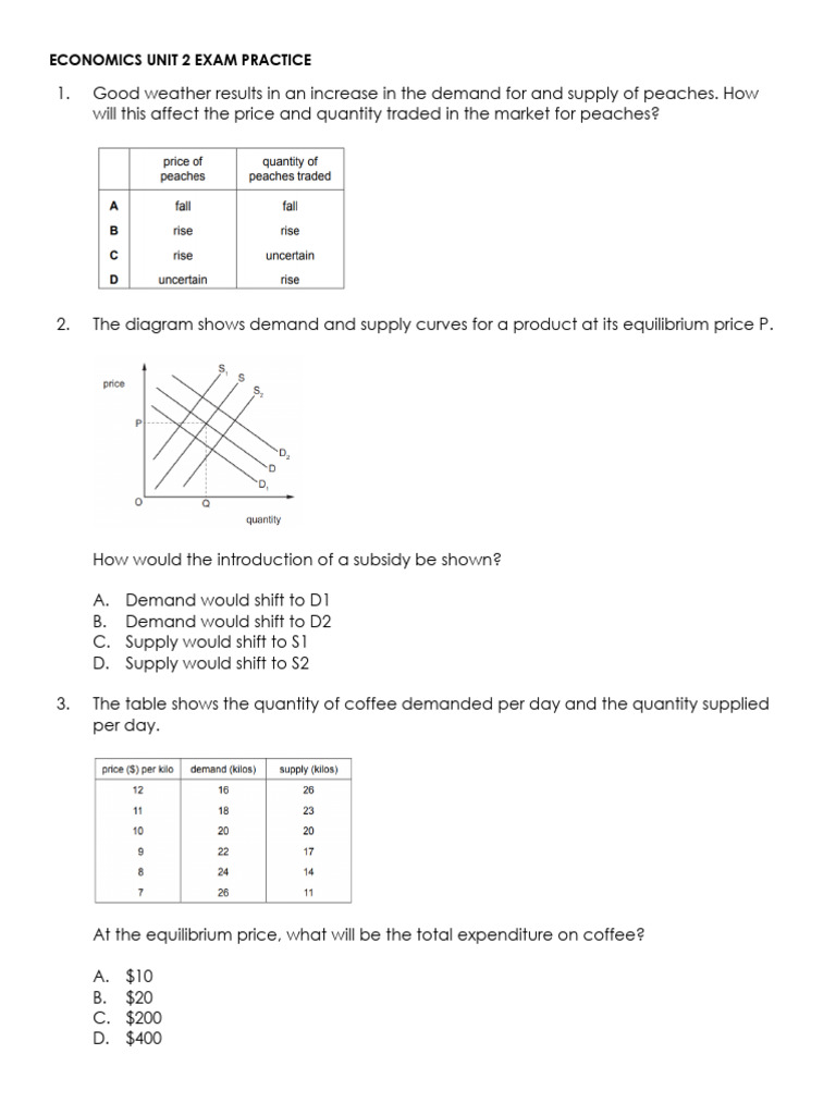 Economics Unit 2 Exam Practice Questions | PDF | Economic Equilibrium ...